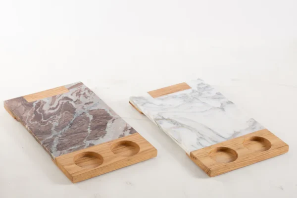 Service Tray Marble with Cup Holder Wood - Cream