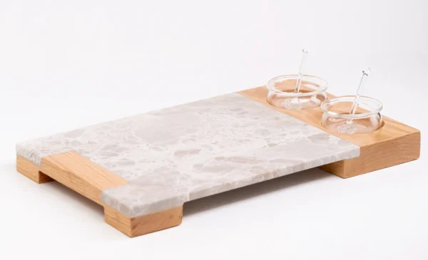 Service Tray Marble with Cup Holder Wood - Cream