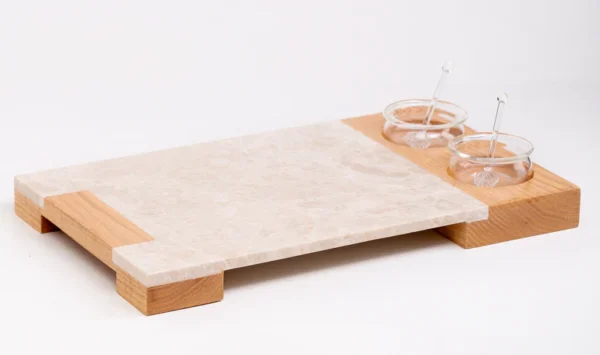 Service Tray Marble with Cup Holder Wood - Cream