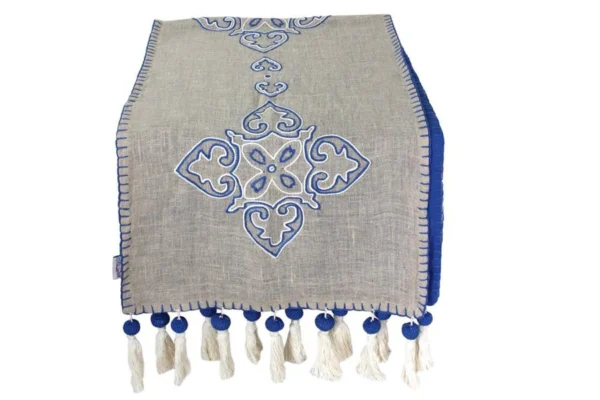 Hand-embroidered Arabesque table runner in royal blue