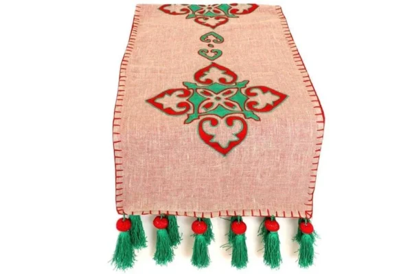 Whimsical Arabesque: Linen Runner (Pompom Accents)