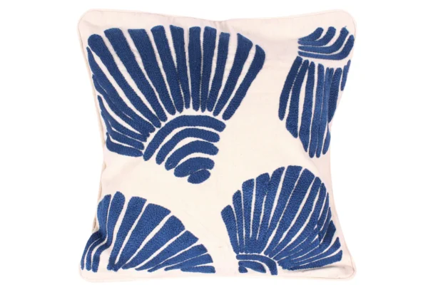 Hand-Embroidered Beach House Shells Cushion in blue