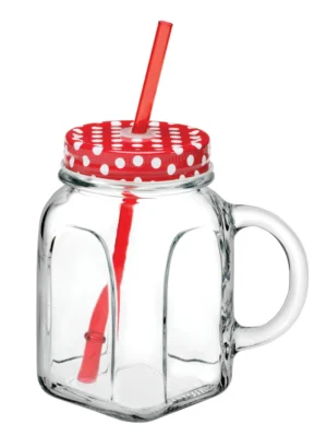 Pasabahce Homemade Jar Mug with Red Lid and Straw